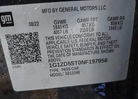 2022 Chevrolet Malibu Fwd Lt z USA, uszkodzony, nr VIN 1G1ZD5ST0NF197958